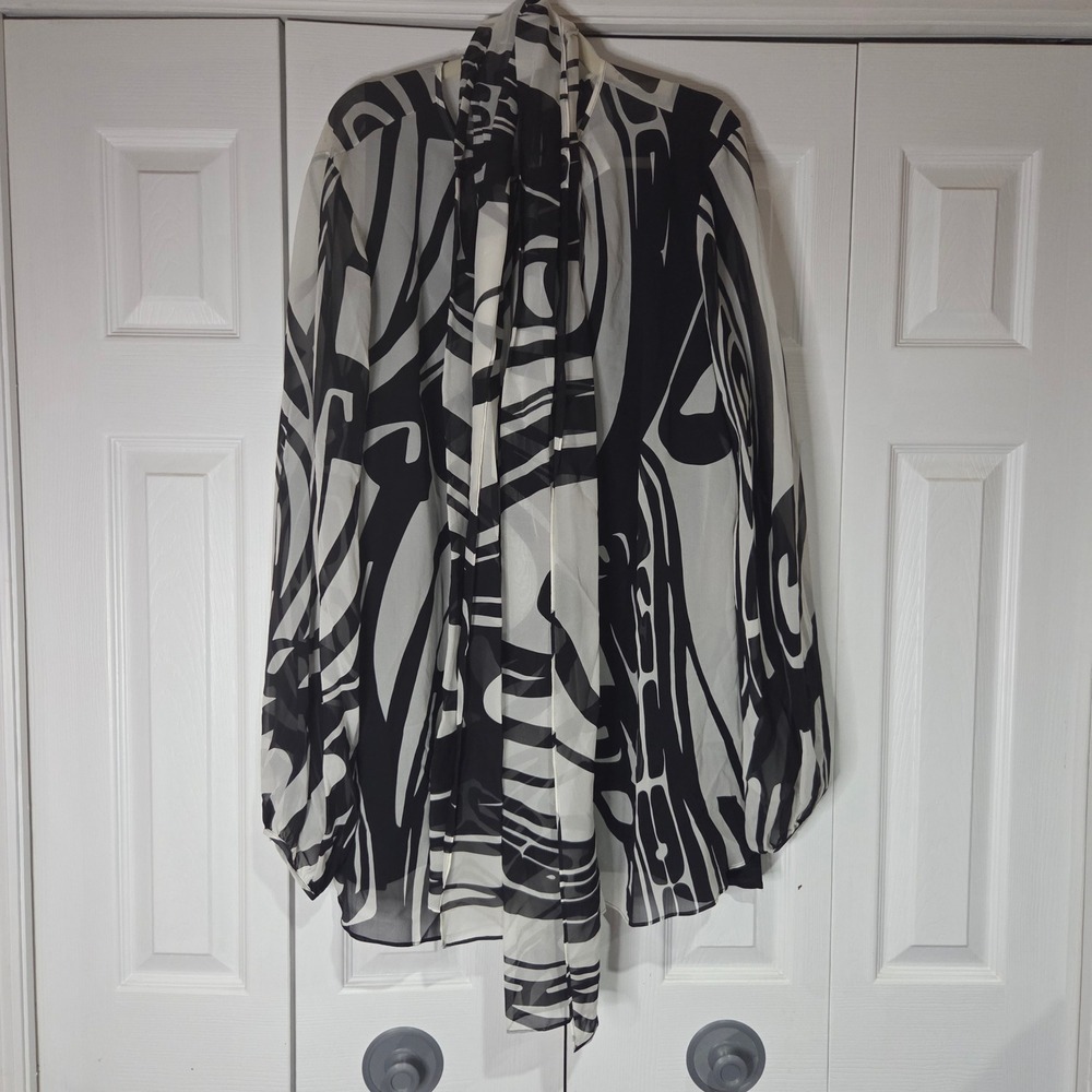 Marina Rinaldi Fantasia Blouse Womens 24W (33) Black White Silk Abstract $1185